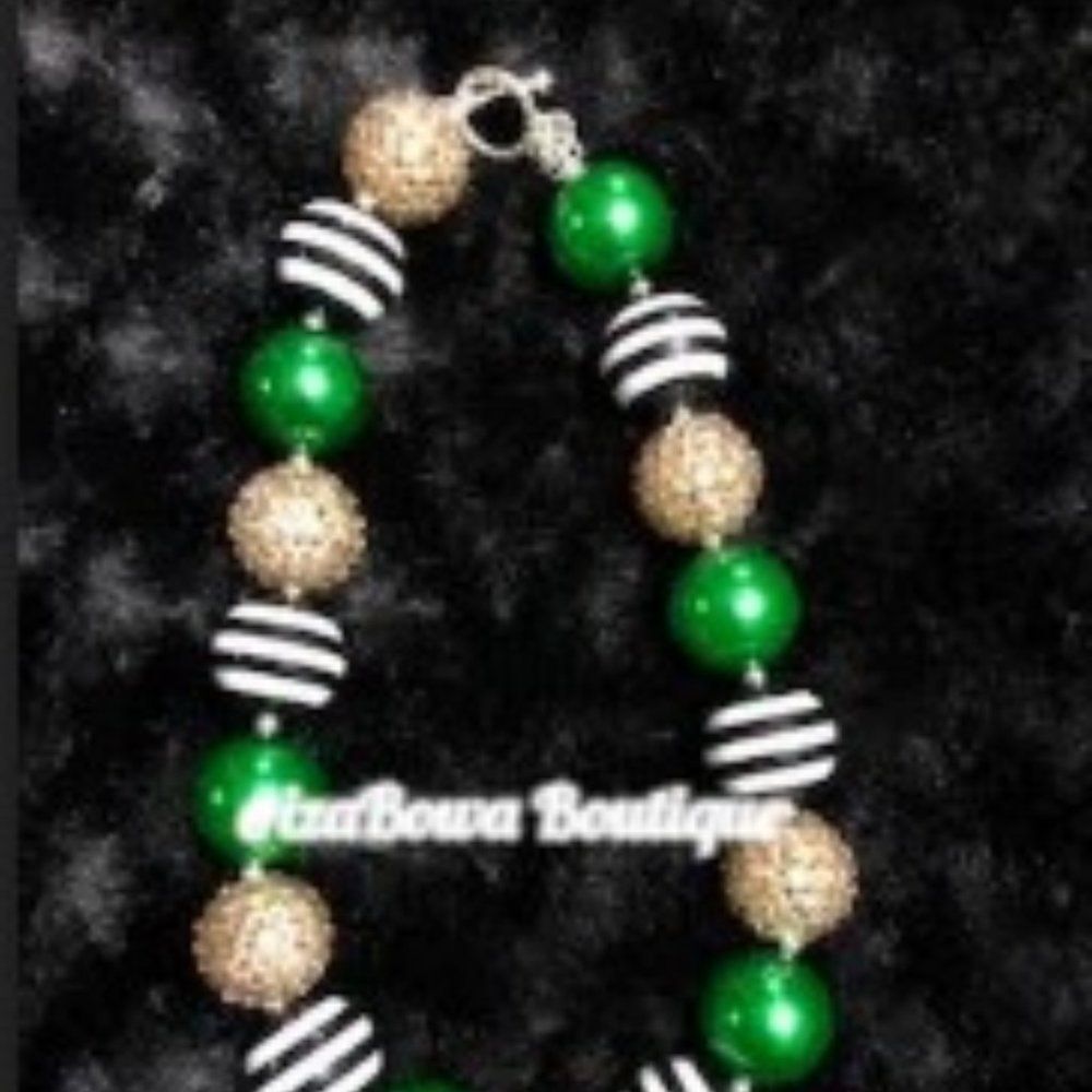 Gold Sparkle, Black Stripped & Green Chunky Bead Necklace  NK1278  Handmade